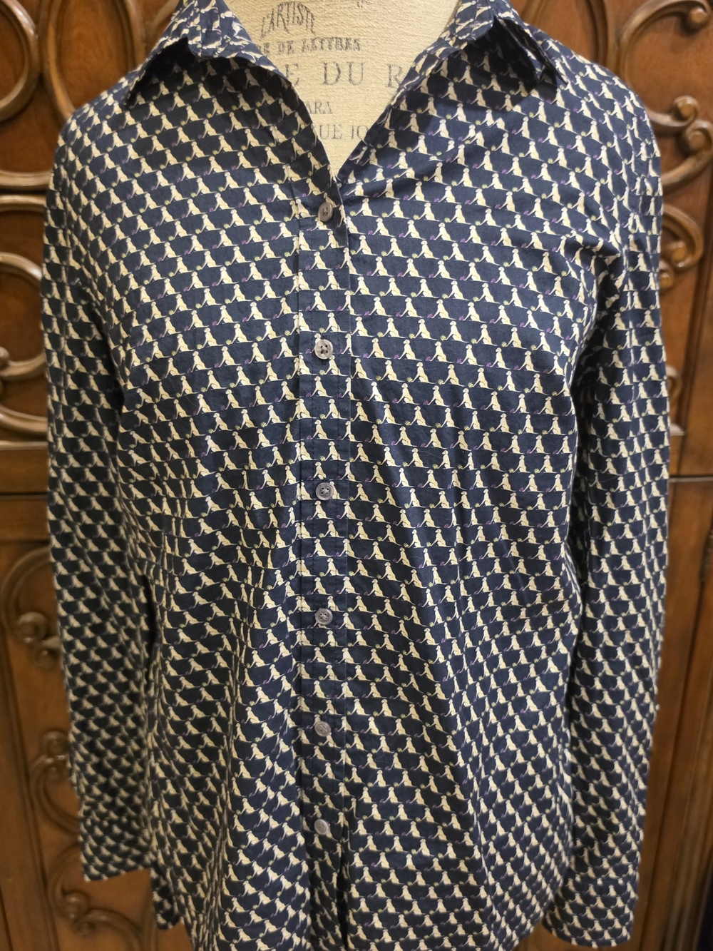 Talbots Navy and Cream Button-Down Dog Shirt